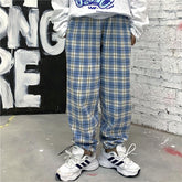 Pantalones holgados de cintura alta cómodos vintage a cuadros azules